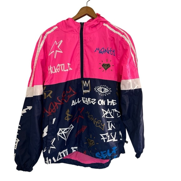 Unisex Screenshot Pullover Windbreaker Half Zip Graffiti Hooded  Pockets Sz S - Picture 1 of 5